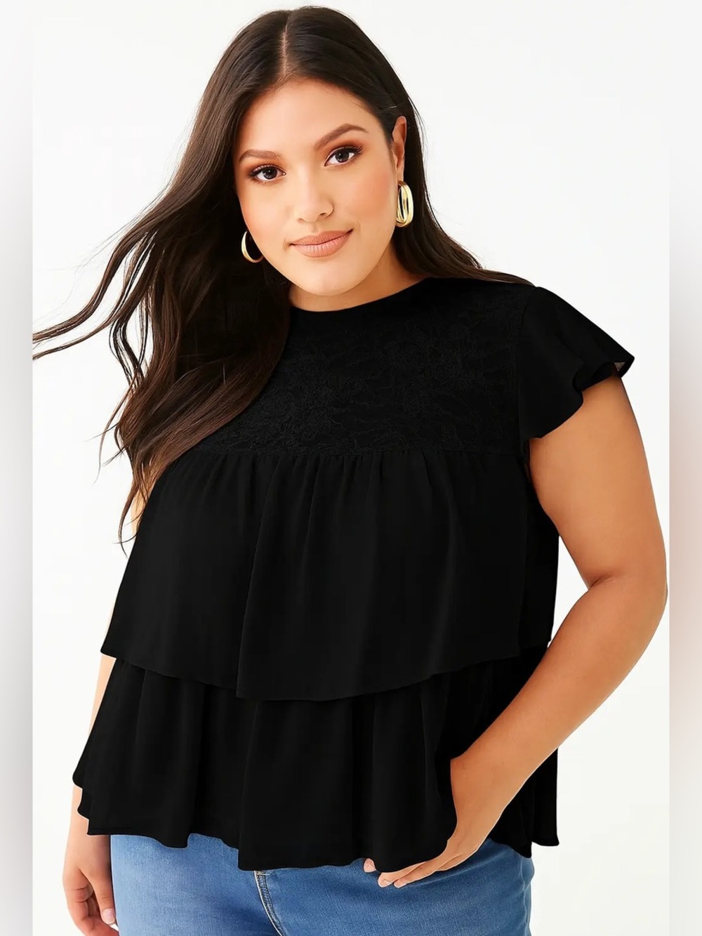FOREVER 21+ CHIFFON LACE TOP - BLACK SIZE 2X (NEW WITH TAGS) A15